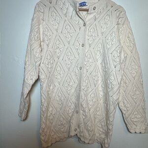 Cream Knit Cardigan Sweater‎ vintage button front scallops 100% cotton fits M/L